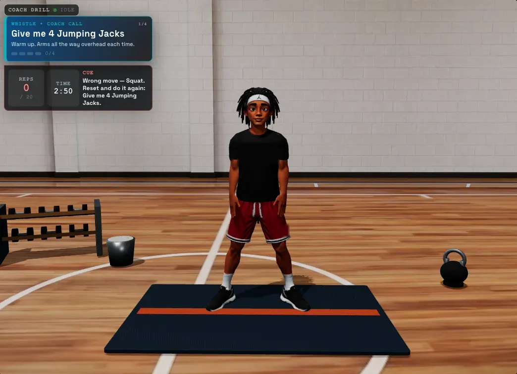 The sports simulator responding to an incorrect movement with coaching feedback.