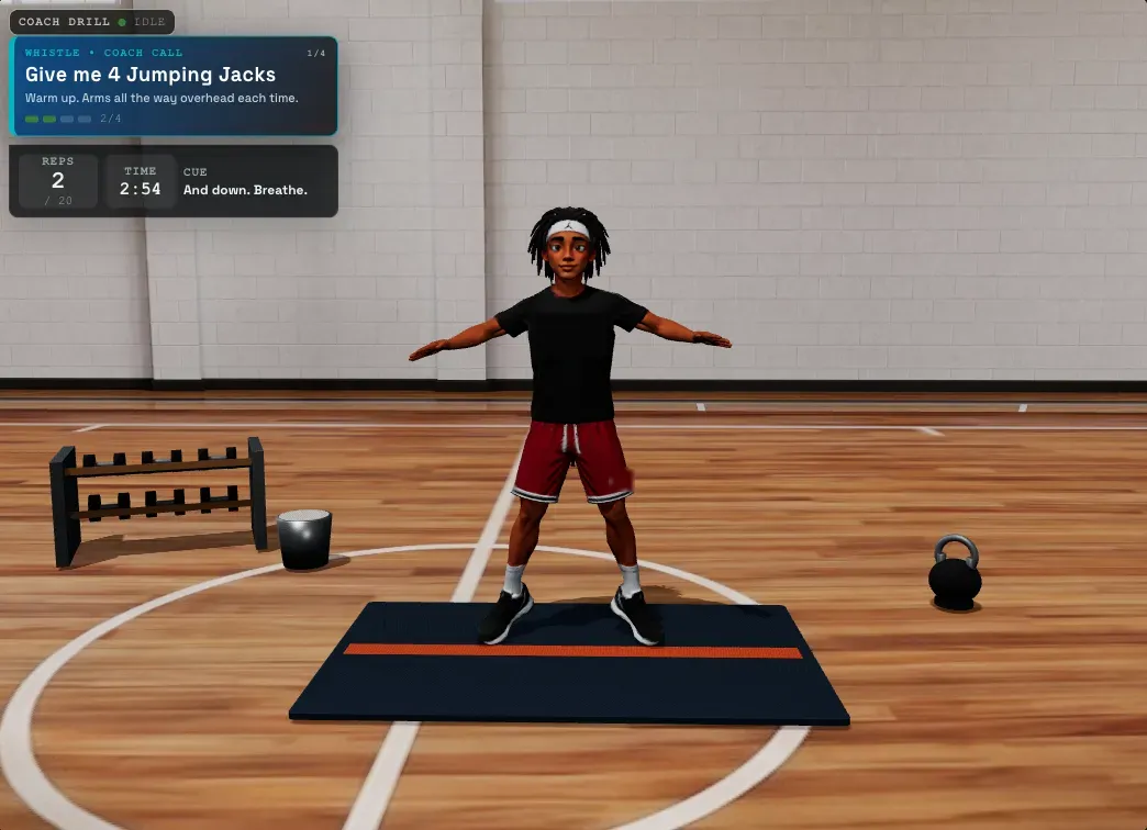 A 3D athlete and coaching panel in the AI sports training simulator.